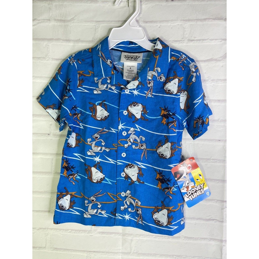 Looney Tunes Taz Devil Bugs Bunny Daffy Button Up Down Shirt Boys Size 4